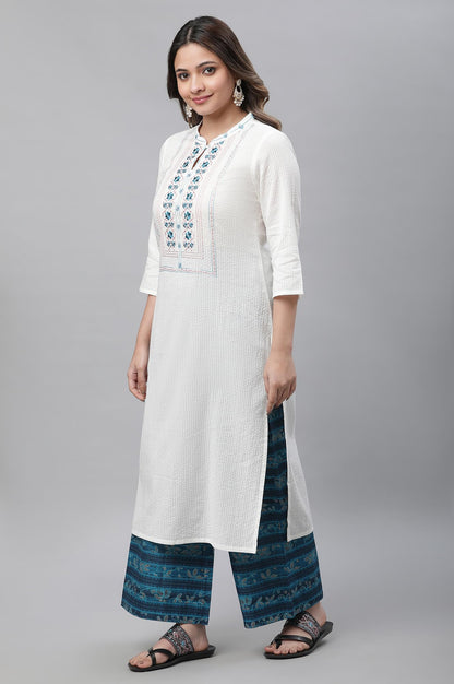 Aurelia White Floral Printed Printed Cotton-Rayon Blend Straight Long Kurta