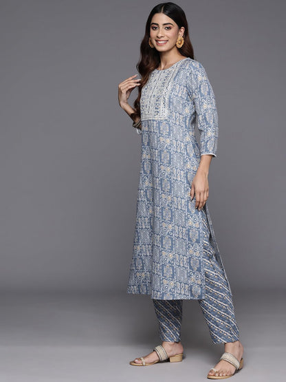 Varanga Women Blue Abstract Printed Embroidered Kurta Paired With Bottom And Dupatta