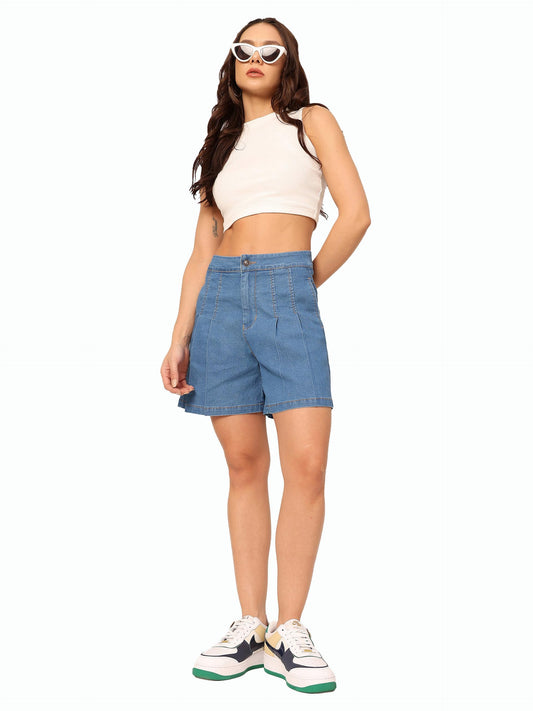 Dolce Crudo Womens Flared High-Rise Regular-Length Stretchable Special Light-Weight Denim Shorts (DOAW25DEN62-77-351-34, Sapphi