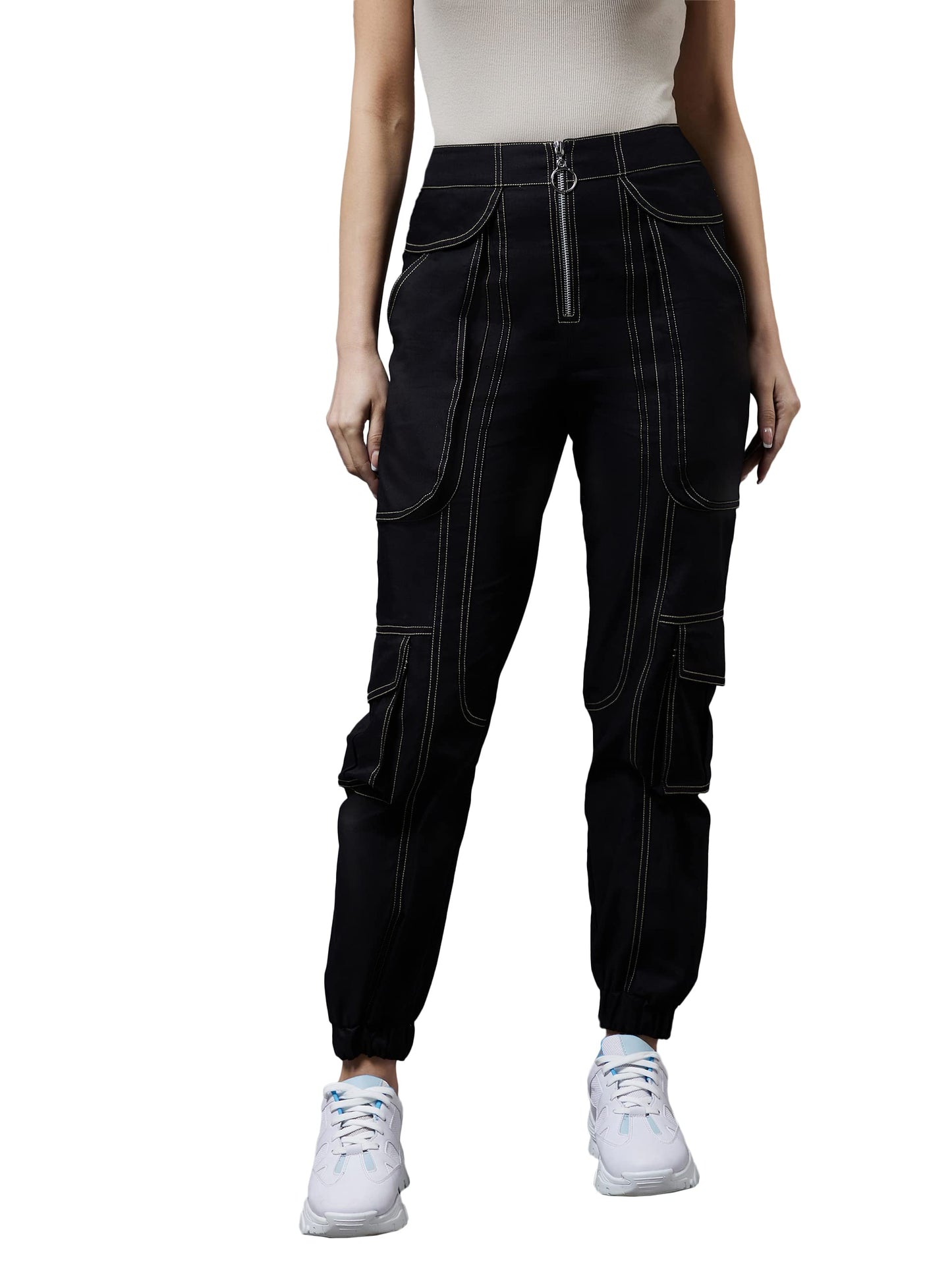 Miss Chase Womens Black Cotton Solid Paneled Regular Joggers (MCSS22BT10-14-62-06, Black, XL)