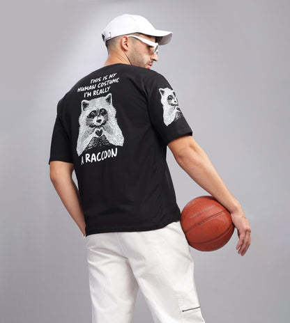 Kyda Mens Oversized Black Tshirt Made Of 100% Cotton Relaxed Fit With Racoon Print