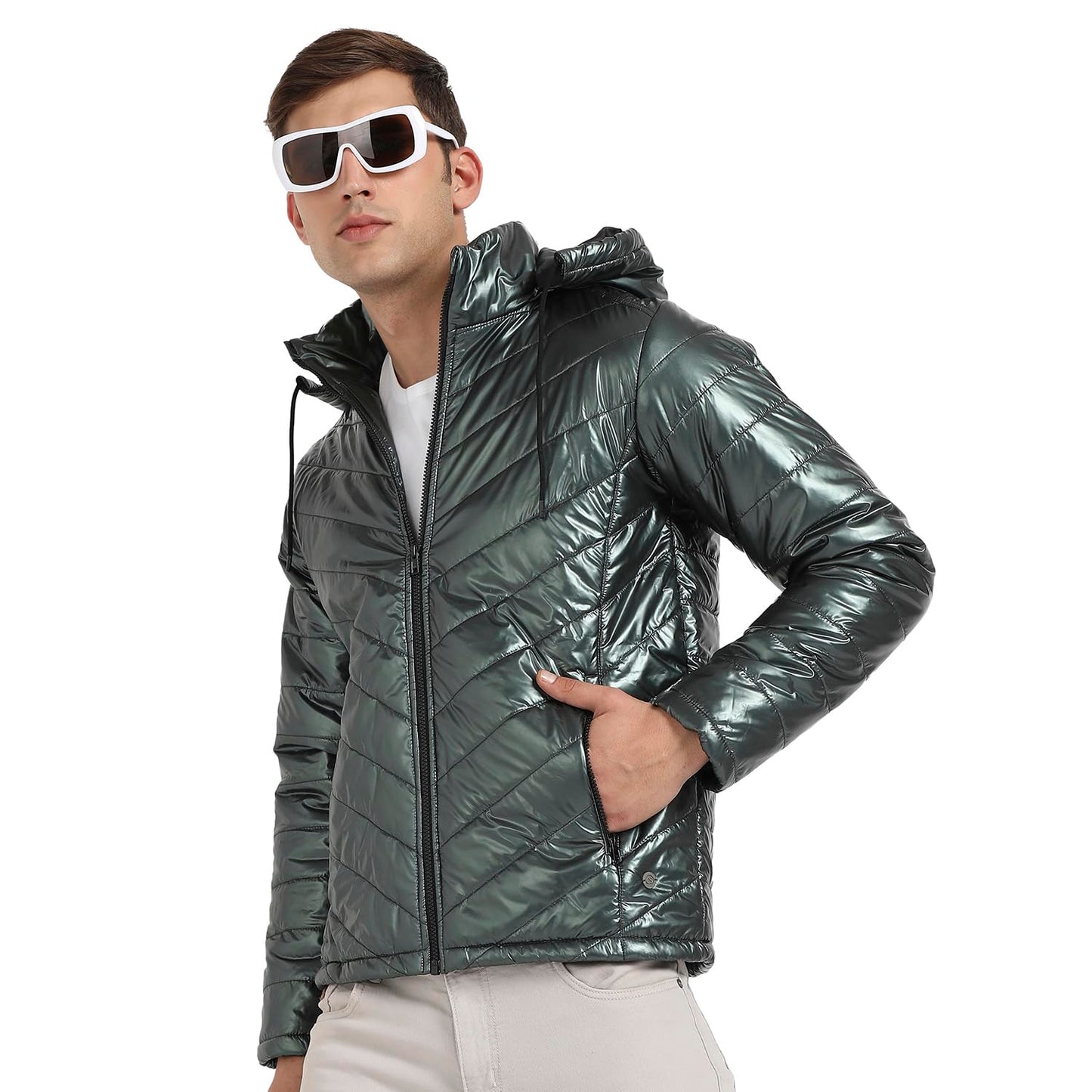 Campus Sutra Mens Forest Green Zip-Front Quilted Puffer Jacket For Casual Wear | Hooded Neck | Long Sleeve | Zipper Closure | P