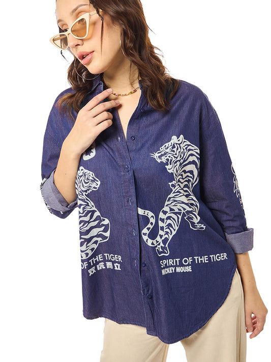 Bewakoof Official Disney Merchandise Mickey Womens Graphic Print Oversized Fit Full Sleeve Collared Neck Pure Cotton Shirt_6340