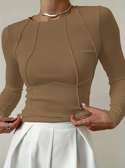 Shasmi Womens Elegant Solid Brown Solid Color Split Bust Long Sleeved Round Neck New Spring and Summer Plain Everyday Matching