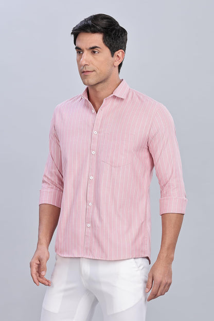 Mildin MenS Dusty Pink Pure Cotton Full Sleeve Spread Collar Regular Fit Striped Printed Formal Shirt With Patch Pocket (Dusty