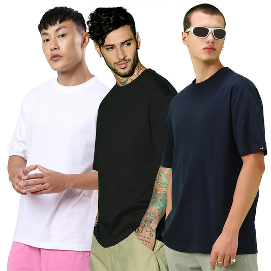 Bewakoof Mens Solid Oversized Fit Half Sleeve Round Neck Cotton T-Shirt (Pack of 3)_B1-439420-439421-439435_Multicolor_XL