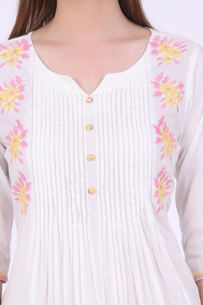 Aurelia Women's White Embroidered Pure Cotton A-Line Kurta