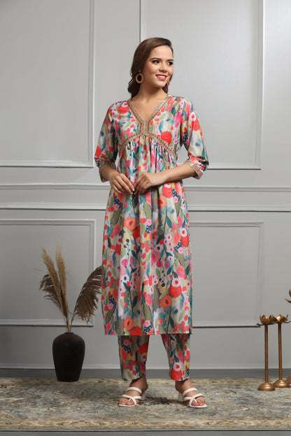 Leriya Fashion Cotton Blend Alia Cut Kurta Set For Women| Alia Cut Anarkali Set | Embroidery Kurta Set For Women| Kurta With Pan