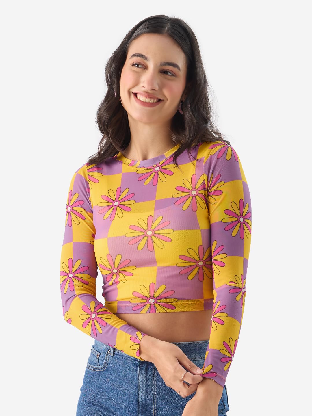 The Souled Store Flora Women and Girls Long Sleeve Round Neck Regular Fit Cropped Tops