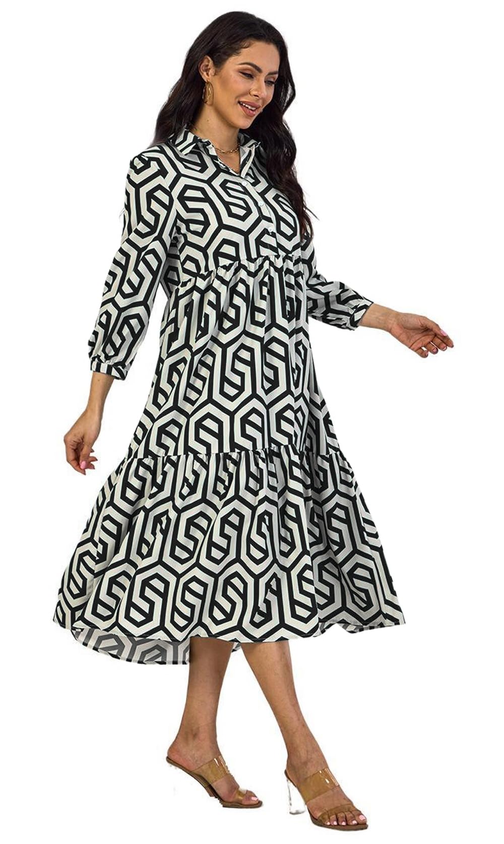 Shasmi Women & Girls Solid Black Geometric Print Collared Dress With Long Cuffed Sleeves, Panelled Hem And A Button-Up Front Gat