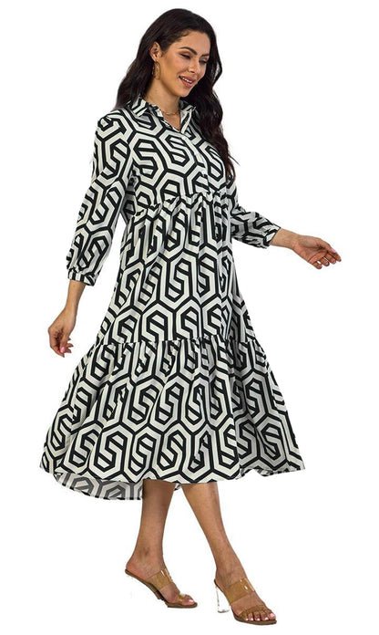 Shasmi Women & Girls Solid Black Geometric Print Collared Dress With Long Cuffed Sleeves, Panelled Hem And A Button-Up Front Gat
