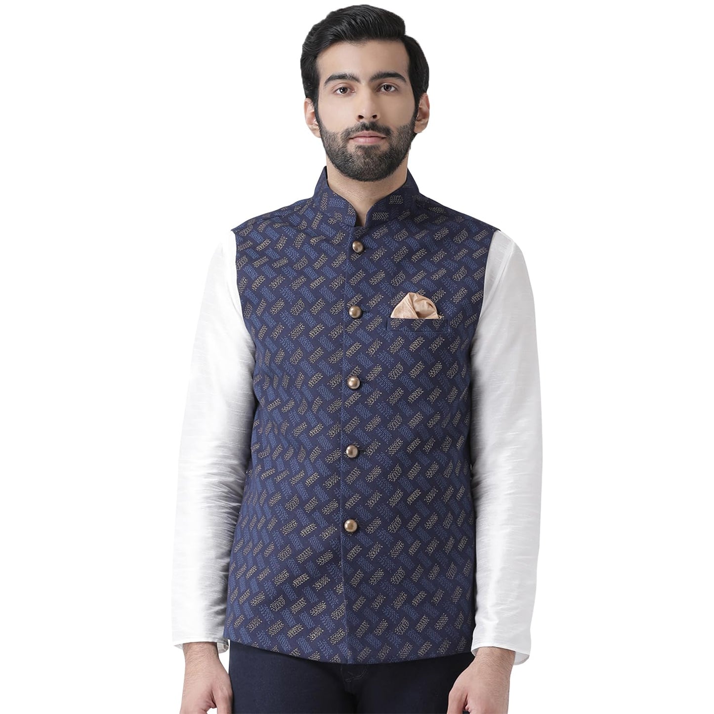 Kisah Men Navy Blue Printed Nehru Jacket Ethnic Festive Waistcoat Cotton, Regular Fit