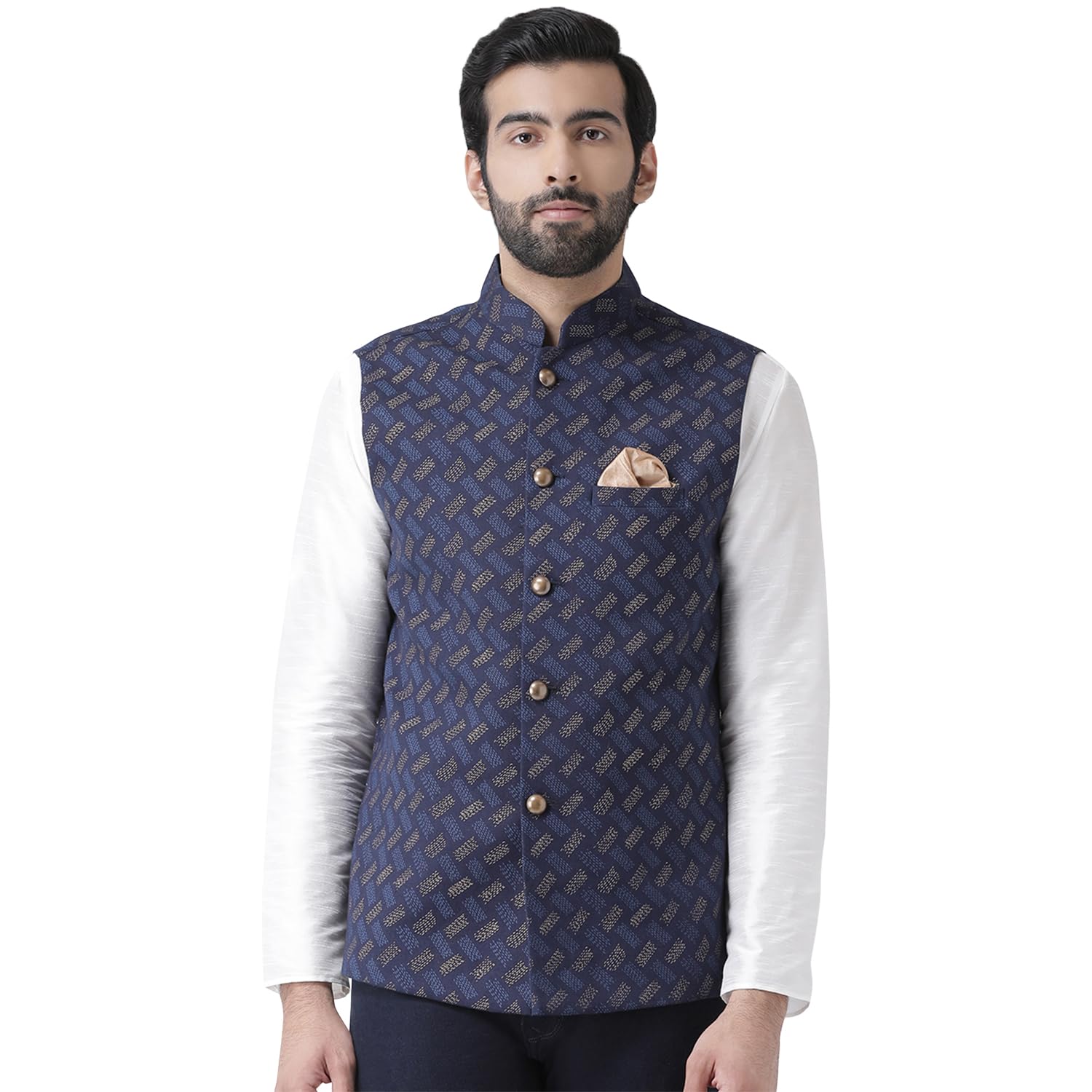 Kisah Men Navy Blue Printed Nehru Jacket Ethnic Festive Waistcoat Cotton, Regular Fit