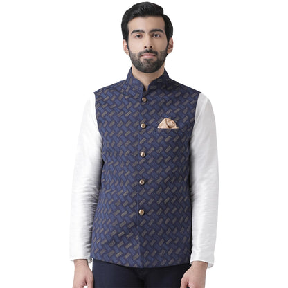 Kisah Men Navy Blue Printed Nehru Jacket Ethnic Festive Waistcoat Cotton, Regular Fit