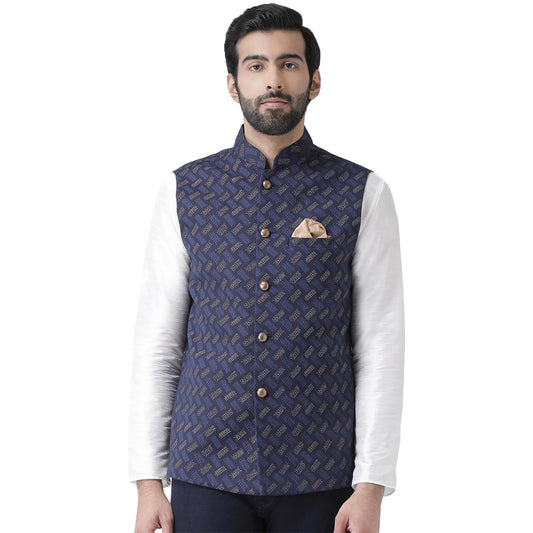 Kisah Men Navy Blue Printed Nehru Jacket Ethnic Festive Waistcoat Cotton, Regular Fit