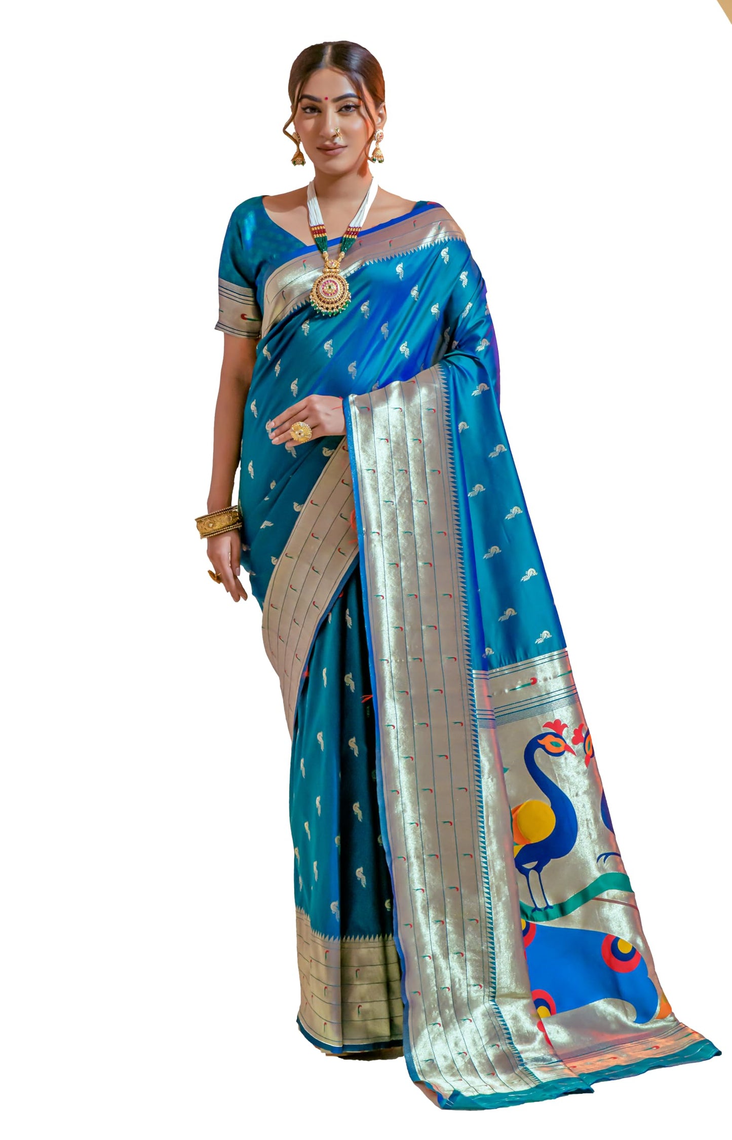 Pujia Mills Woman Pure Banarasi Silk Paithani Saree Indian Ethnic Wear Kanjivaram Saree With Heavy Golden Zari Woven Border With