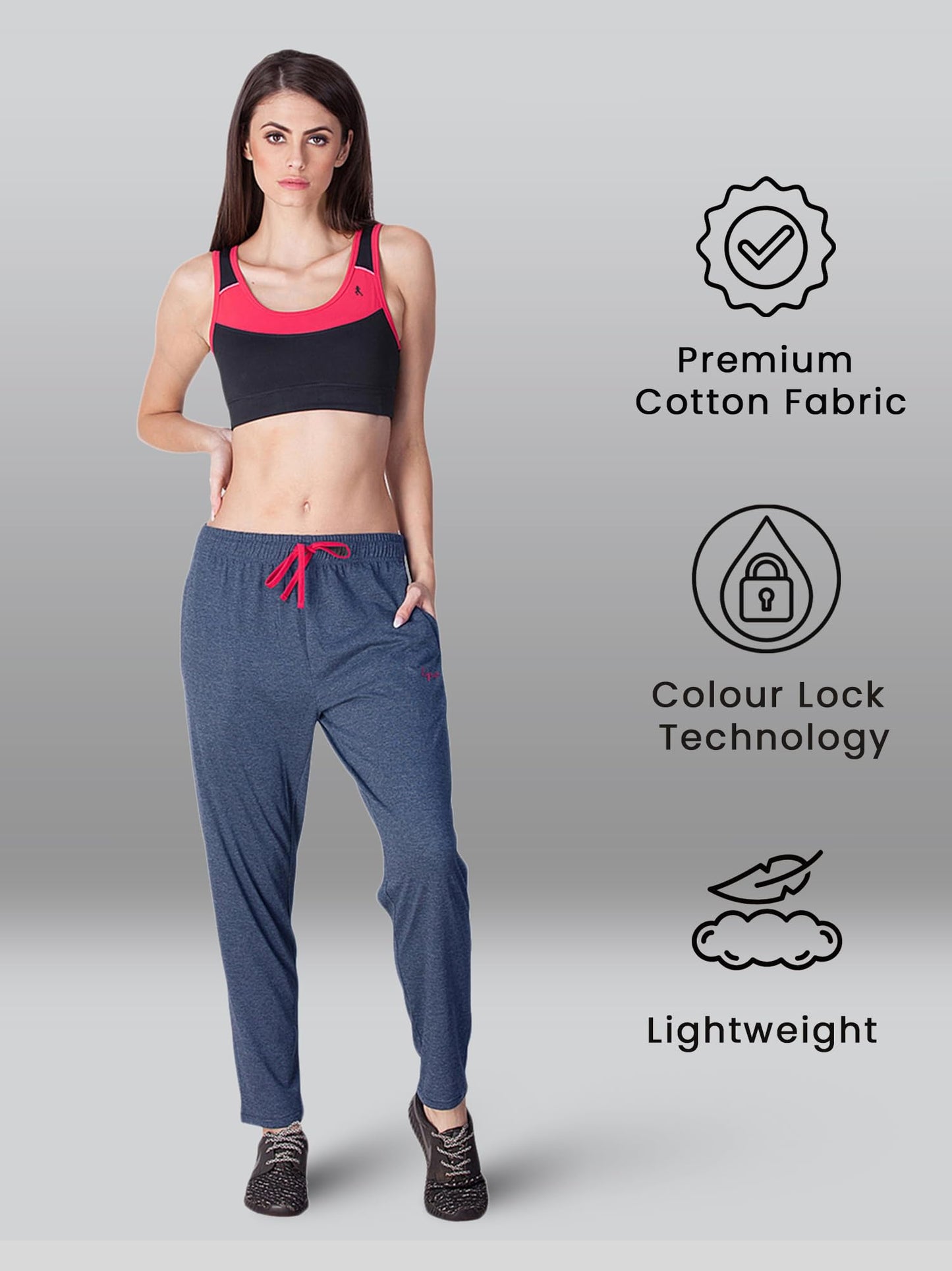 Lyra Womens Regular Fit Gym Track Pants With 2 Side Pockets 4 Way Stretchable Denim Blue
