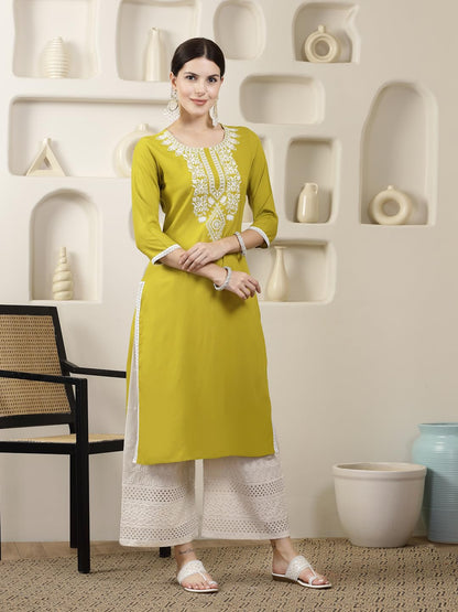 Stylum Women's Rayon Regular Fit Solid & Embroidered Straight Chicken Kurta (CORNERICA_)