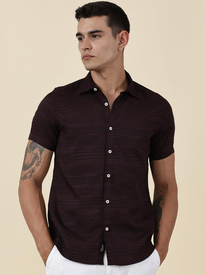 Thomas Scott Short Sleeve Embroderied Casual Shirt for Men Wine