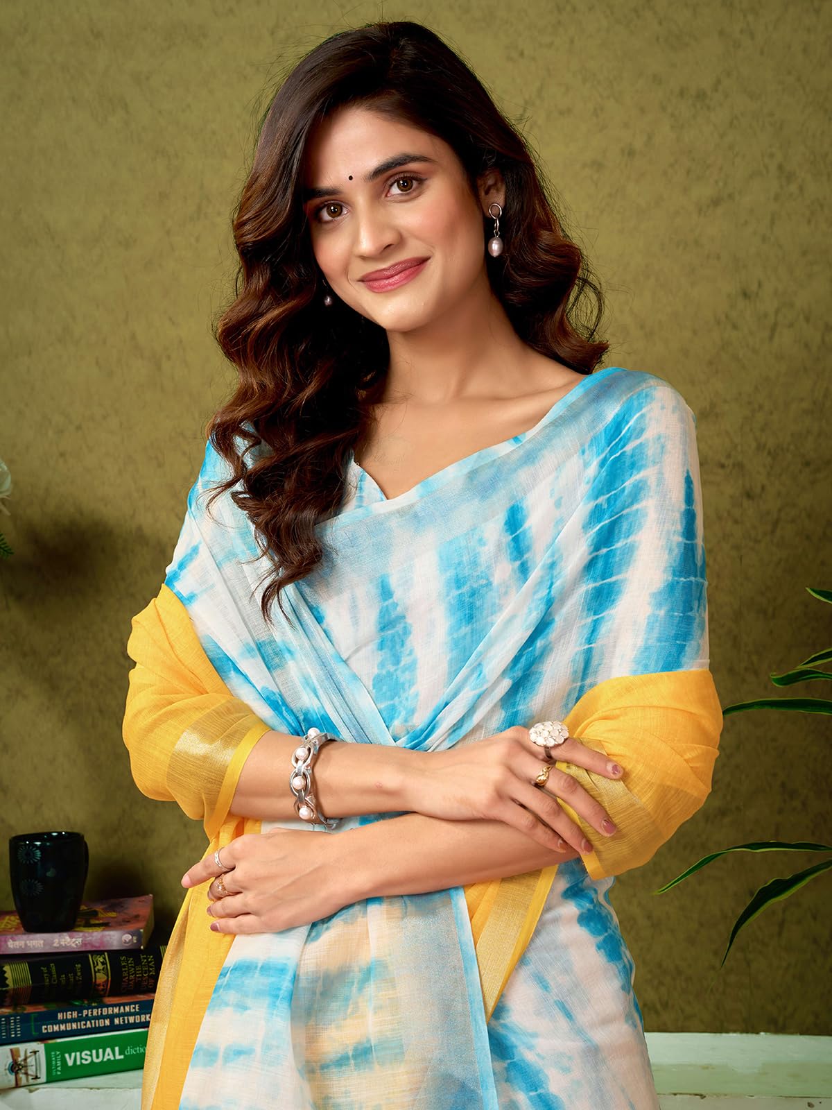 Satrani WomenS Linen Zari Border Printed Ready To Wear One Minute Pre Pleated Readymade Saree With Unstitched Blouse Piece (34R