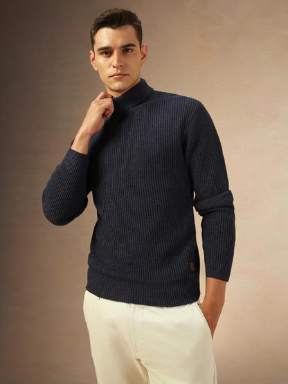 Dennis Lingo Men Regular Fit Acrylic Solid Full Sleeves Turtle Neck Pullover Sweater Navy Blue