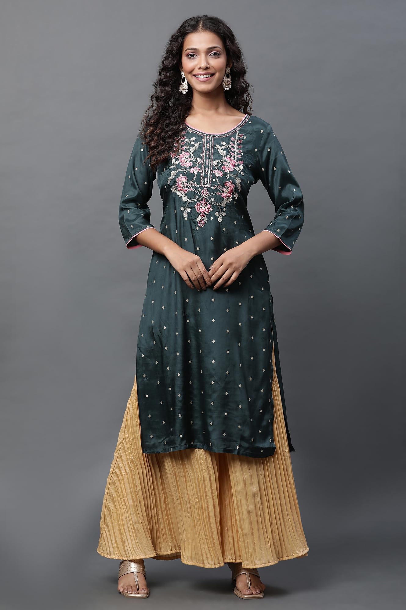 Aurelia Green Embroidered Dori Zari Sequin Straight Long Kurta