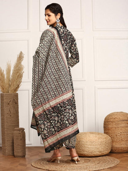 Ishin Kalamkari Embellished Cotton Kurta With Afghani Pants & Flowy Mulmul Dupatta | Kurta Set For Women | Kurta With Trousers A