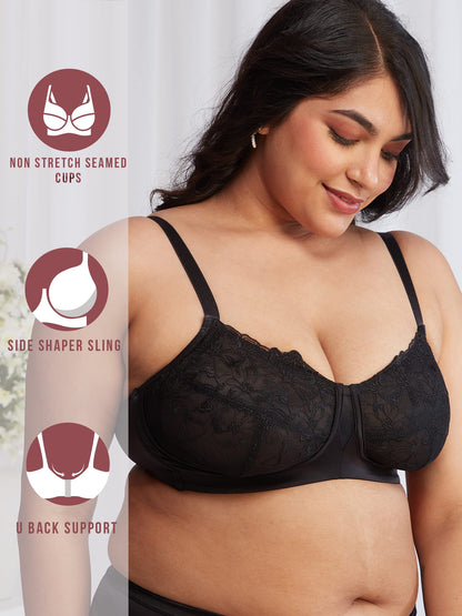 Nykd WomenS Floral Mesh Wirefree Non Padded Bra With Medium Coverage | Deatiled Lace | Bridal Collection - Bra, Nyb230, Black,