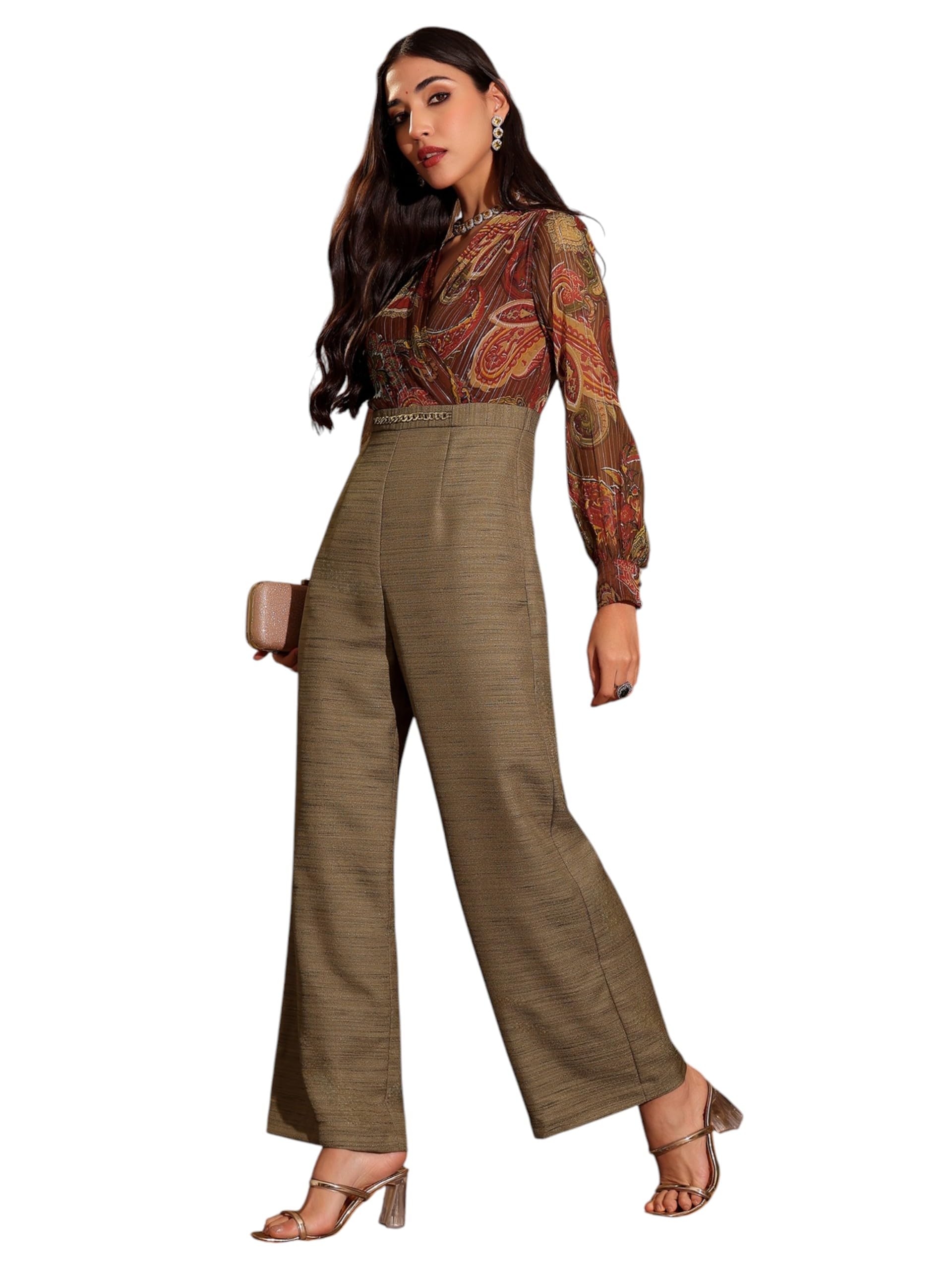 Miss Chase Womens V-Neck Bishop Sleeve Bohemian Patterned Straight Leg Wrap Regular Silk Jumpsuit (MCSS25D92-10-224-06, Multico