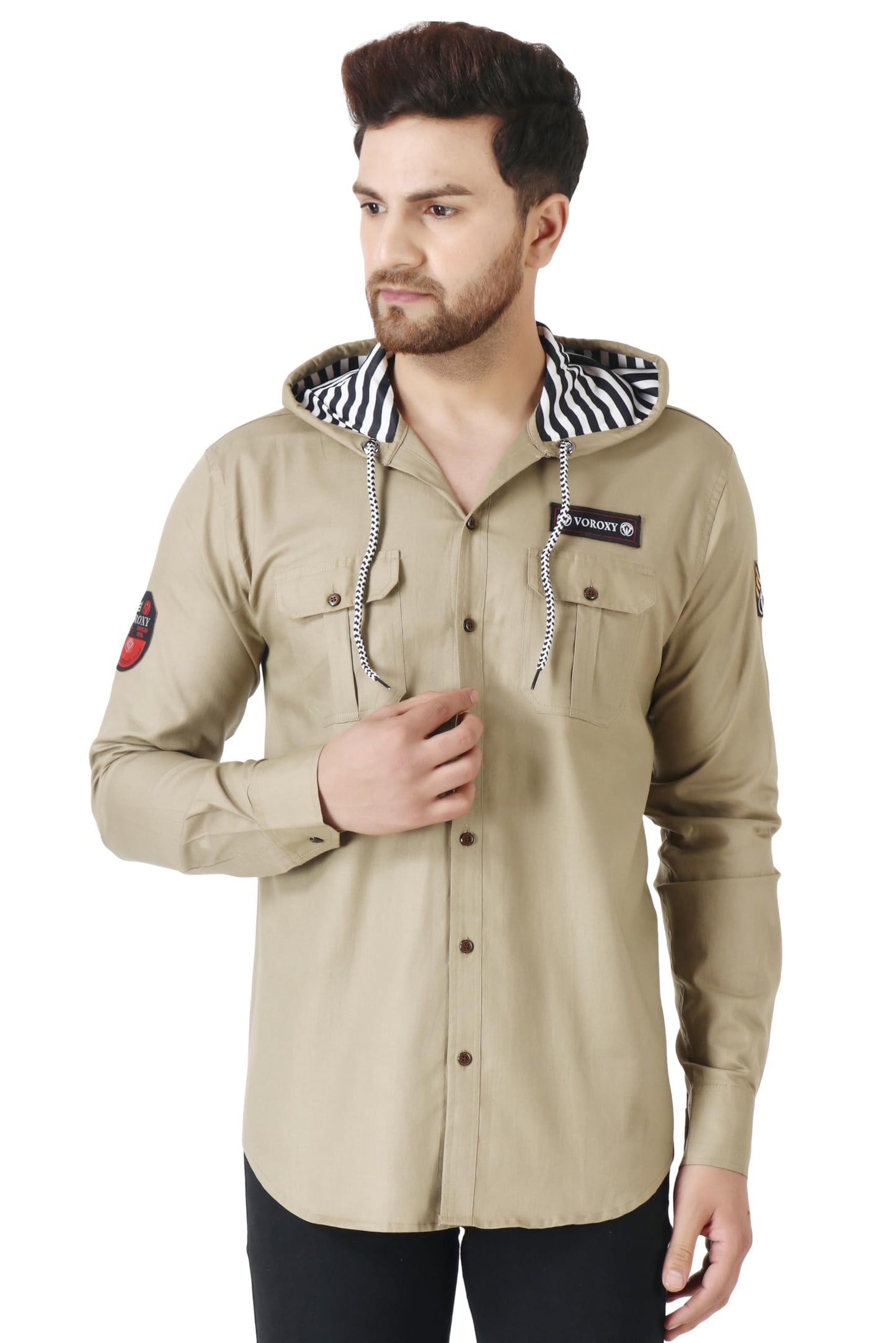 Besix MenS Cream Tailored Fit Cotton Blend Shirt For Man With Hoodie - Casual Long Sleeve Shirt With Pockets - Patch Detail For