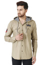 Besix MenS Cream Tailored Fit Cotton Blend Shirt For Man With Hoodie - Casual Long Sleeve Shirt With Pockets - Patch Detail For