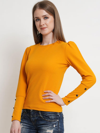 POPWINGS Casual Solid Puff Button Long Sleeves Tops for Women || Summer Round Neck Tops for Women || Stylish Western Top for Jea