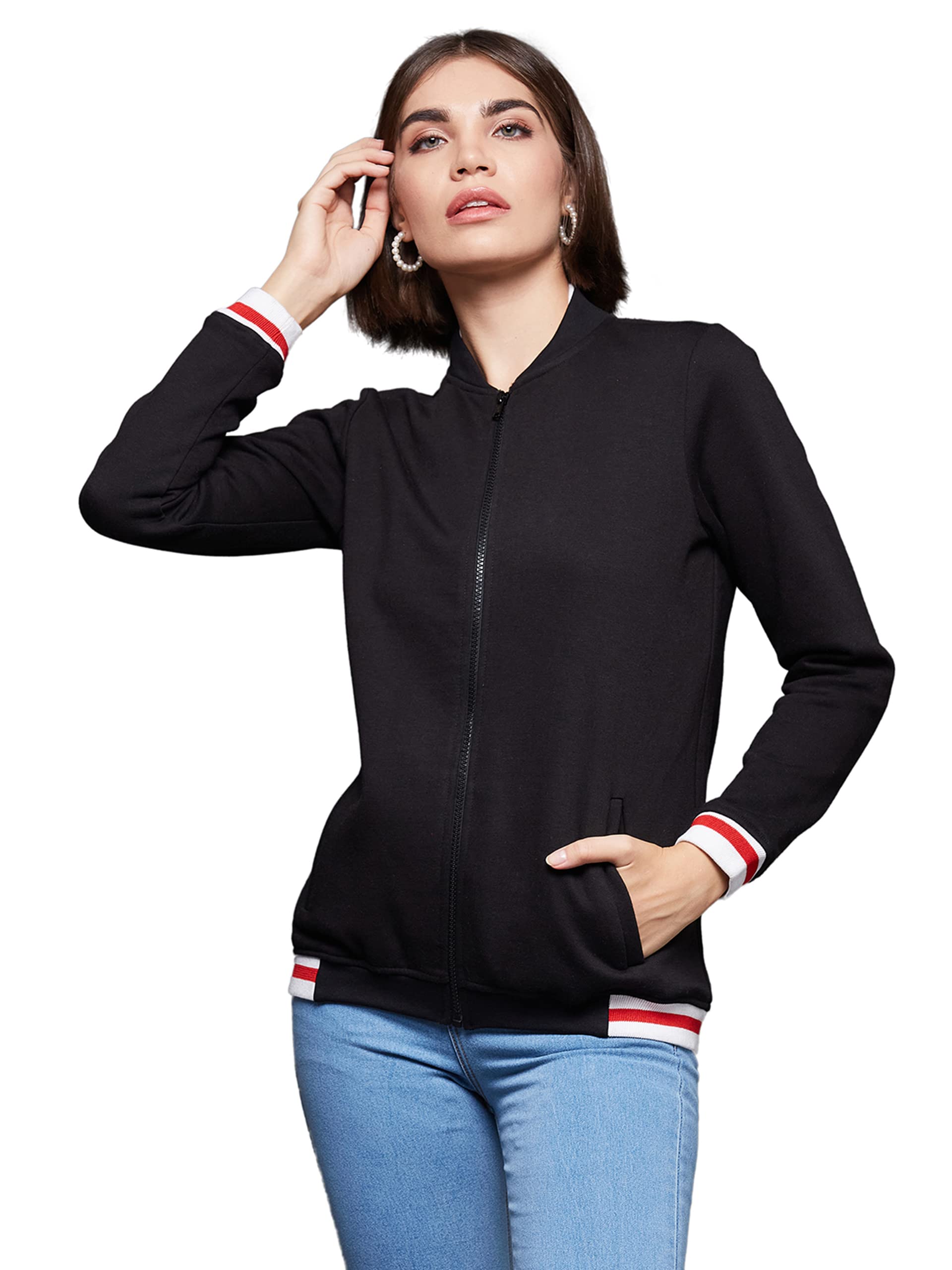 Miss Chase WomenS Black V-Neck Full Sleeve Solid Multicolored Bomber Jacket (Mcaw22Jkt99-09-62-05, Black, L)