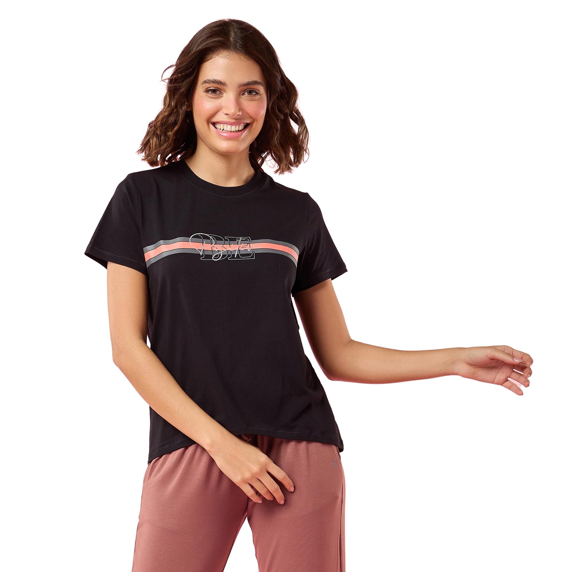 Enamor Womens Striped Relaxed Fit T-Shirt (E3S5_Jet Black/Red Strips