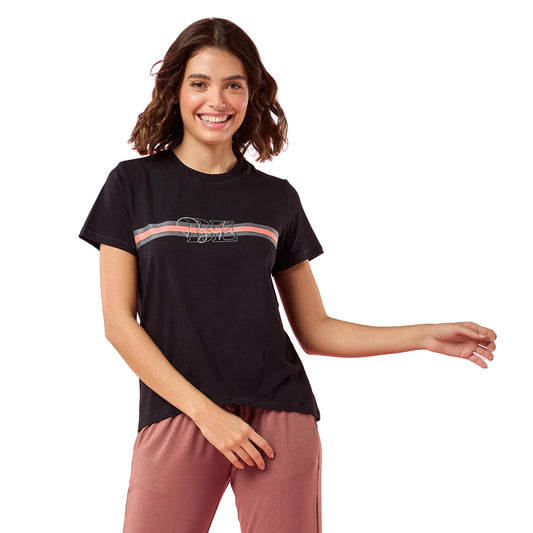 Enamor Womens Striped Relaxed Fit T-Shirt (E3S5_Jet Black/Red Strips