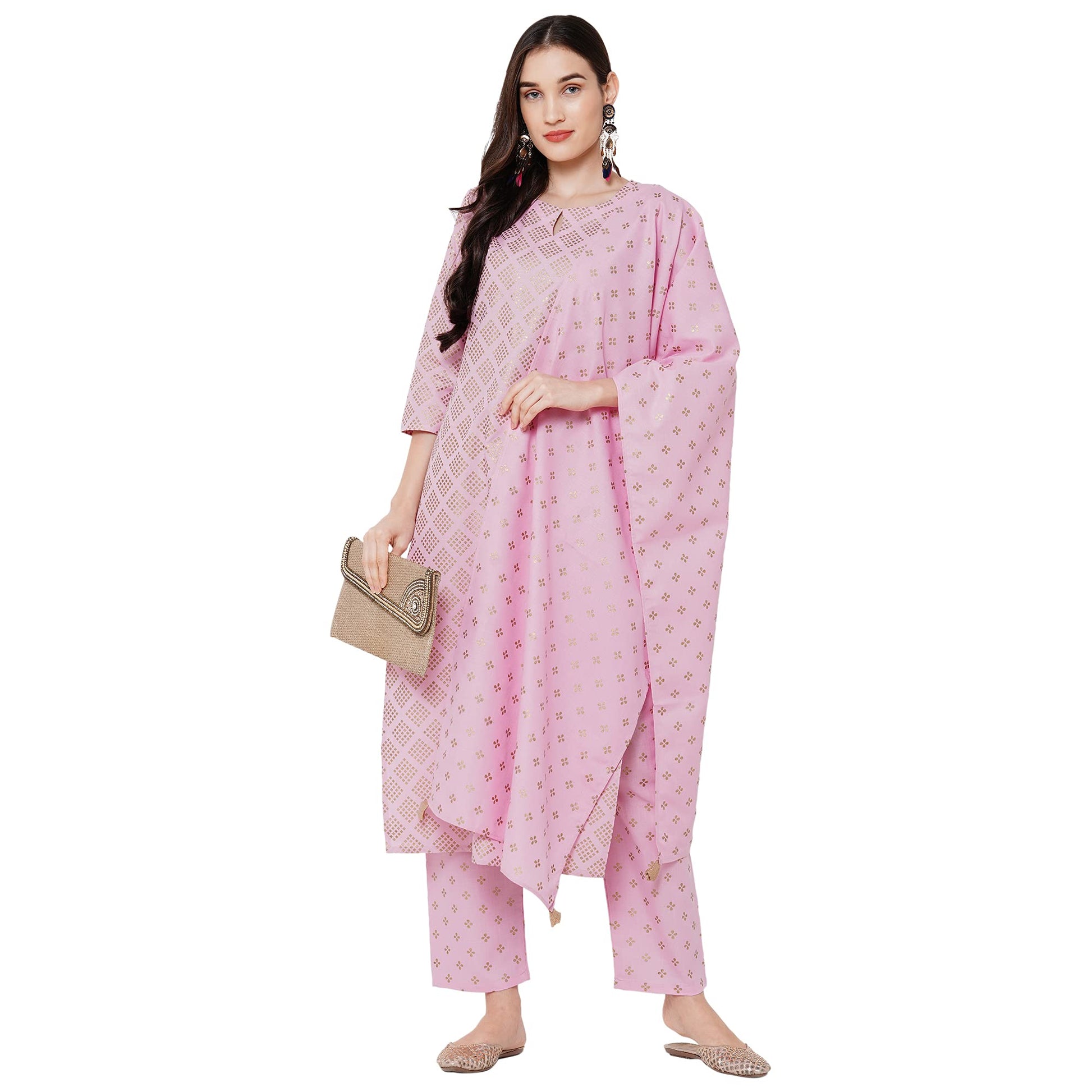 Gosriki WomenS Cotton Foil Printed Kurta With Palazzo And Dupatta (Raju Pink Styl_S_Pink_Small)