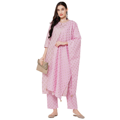 Gosriki WomenS Cotton Foil Printed Kurta With Palazzo And Dupatta (Raju Pink Styl_S_Pink_Small)