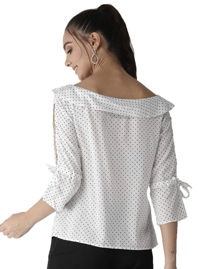 Style Quotient Women White and Black Polka Printed polycrepe Smart Casual top