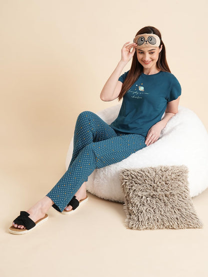 Sweet Dreams Women Printed Pyjama Set Teal