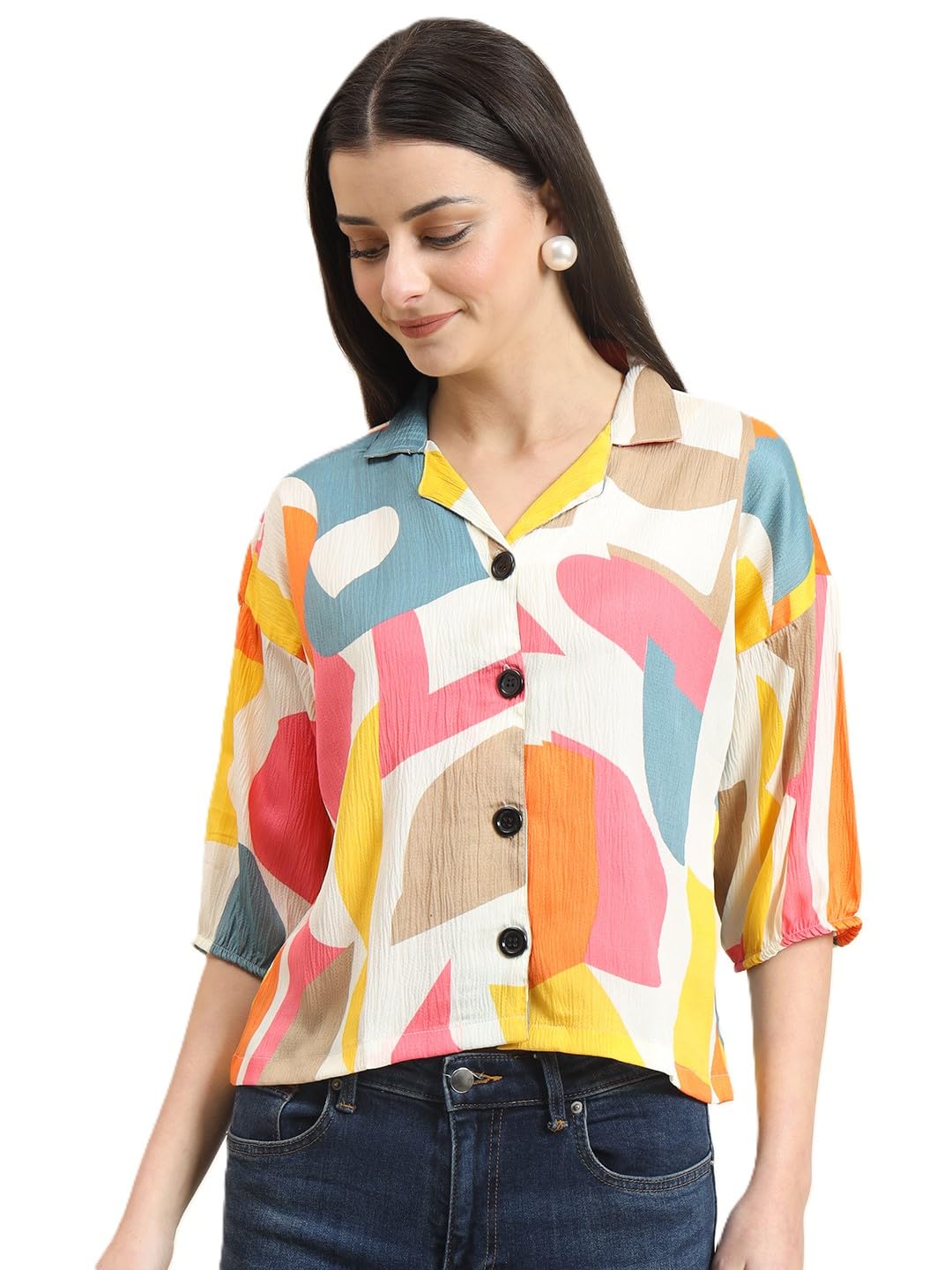 Vairagee Women Cotton Blend Multi Striped Pattern V-Collar Three Quarter Sleeves Stylish Boxy Shirt (1730_5)