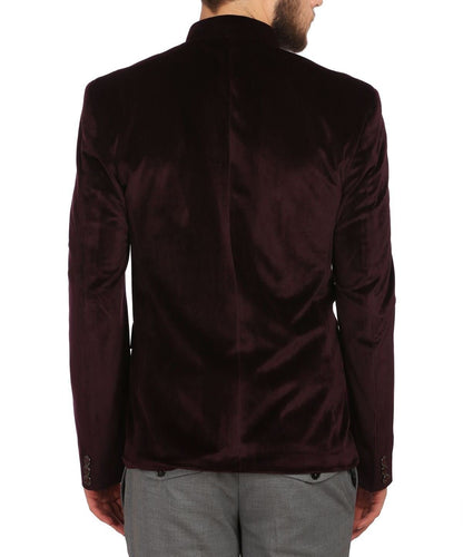 WINTAGE Mens Velvet Grandad Collar Festive Maroon Blazer