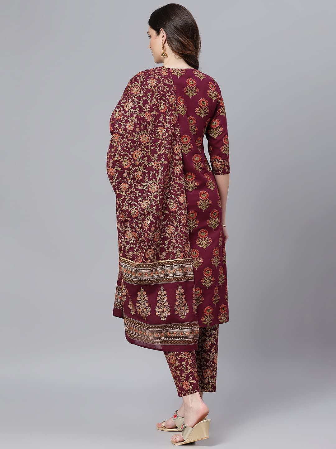 Idalia WomenS Maroon Gold Printed Straight Cotton Kurta Set With Pant And Dupatta For Women