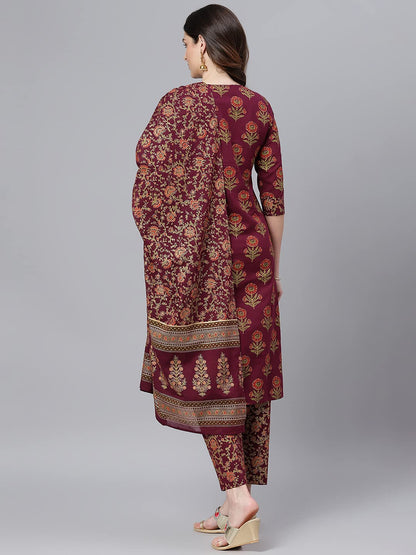 Idalia WomenS Maroon Gold Printed Straight Cotton Kurta Set With Pant And Dupatta For Women