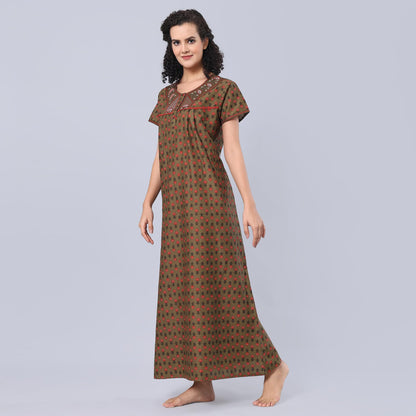 Evolove WomenS 100% Cotton Supersoft With Beautiful Embroidery Long Maxi Night Gown Nighty Dress With Pocket, Most Comfortable
