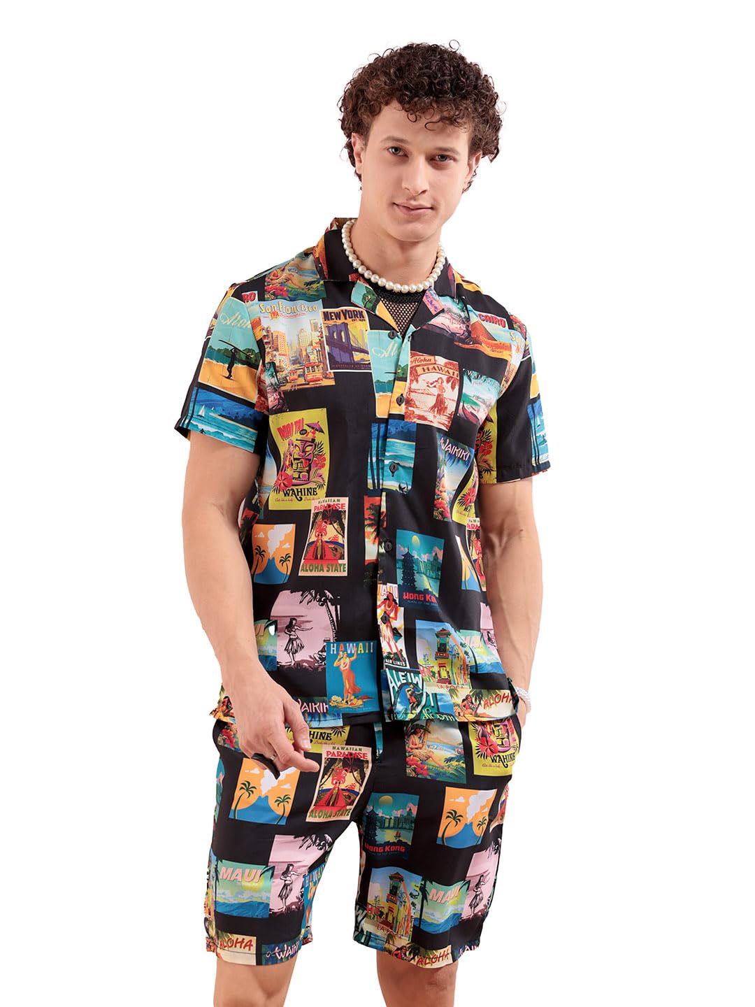 The Indian Garage Co Mens Regular Fit Postcards Print & Co-ords Set