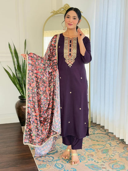 Naixa WomenS Wine Rayon Embroidered Straight Kurta With Rayon Pant And Silk Chiffon Embroidered Laced Dupatta Sets (Nx-620-Wine
