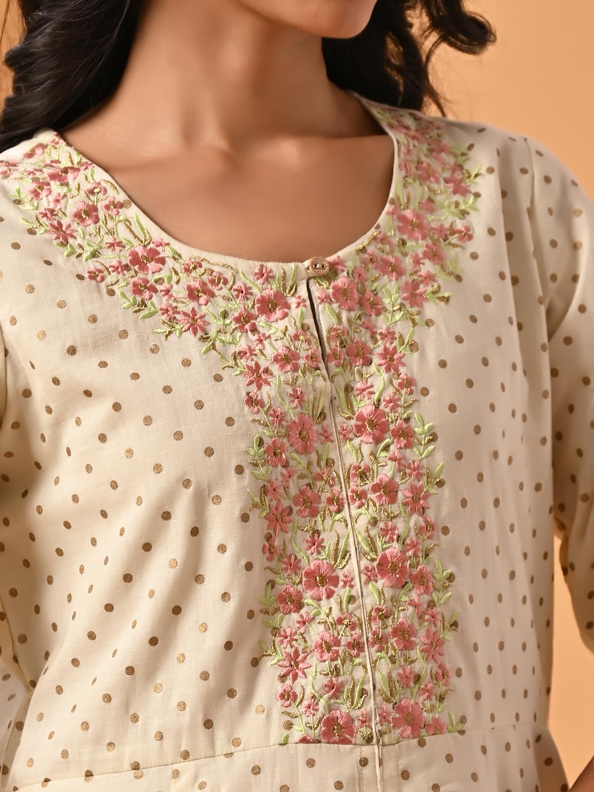 rangita Cream Cotton Calf Length Embroidered Front Slit Kurti for Women | Kurta for Women