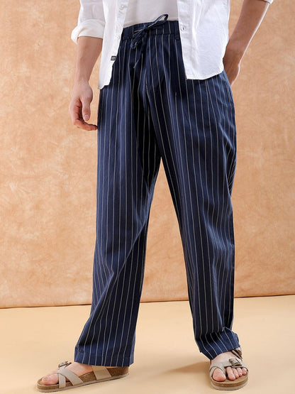 The Indian Garage Co Men Loose Fit Striped Mid-Rise Trousers Navy
