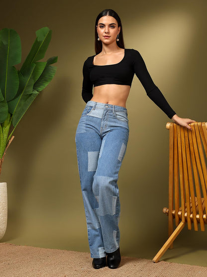 Kotty WomenS Checkered Pure Cotton Wide Leg Jeans(Blue,32)