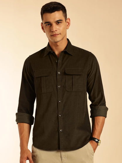 Thomas Scott Mens | Premium | Slim Fit | Long Sleeves | Spread Collar | Double Pocket | 100% Cotton | Corduroy | Casual | Shirt